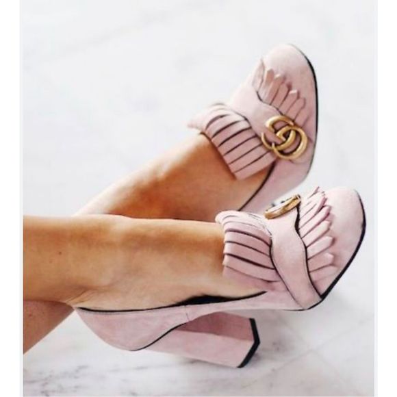 Gucci Pink Heeled Loafers with Gold Accent - Picture 14 of 14